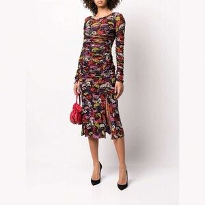 Diane von Furstenberg Corinne In Masks Ruched Mesh Midi Dress in Multi, Small